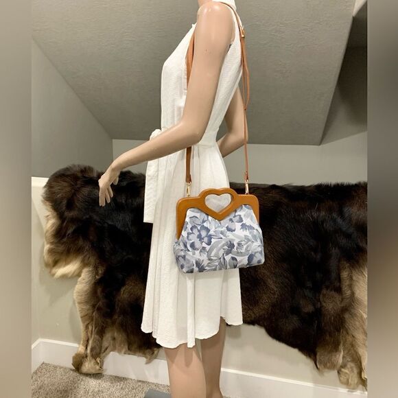 Handmade Genuine Leather Printed Floral Wooden Frame Bag with Small Purse Set - Picture 8 of 16